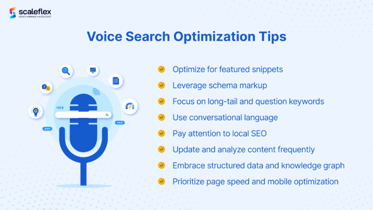 This is a blue background with the text "Scaleflex" written in white at the top. Below the text is a list of voice search optimization tips in white font. The tips include "Optimize for featured snippets," "Leverage schema markup," "Focus on long-tail and question keywords," "Use conversational language," "Pay attention to local SEO," "Update and analyze content frequently," "Embrace structured data and knowledge graph," "Prioritize page speed and mobile optimization.